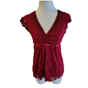 Y2K Speechless Vintage Red Lace Overlay Ruffle Sleeve Blouse Ribbon Size Medium
